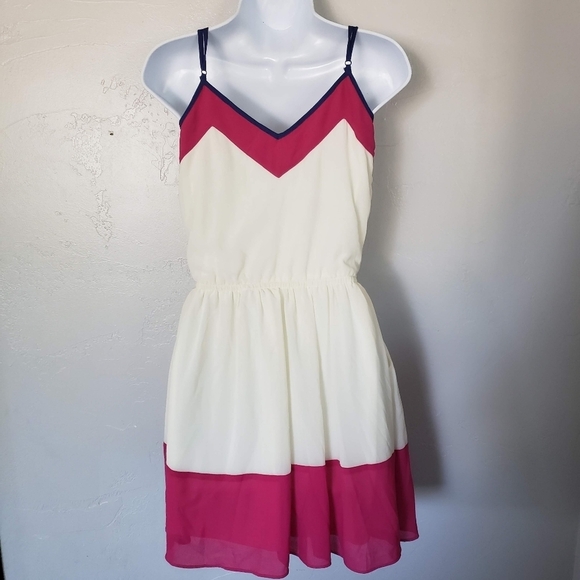 Charming Charlie Small Knee Length Dress Colorblock Navy Blue Cream Dark Pink - Picture 8 of 10